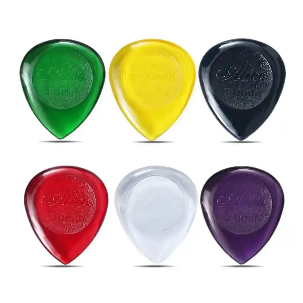 Set of 10 Alice Stubby Guitar Picks in assorted colors including green, yellow, black, red, clear, and purple. Available in 1mm, 2mm, and 3mm thickness for electric, acoustic, bass, and folk guitars.