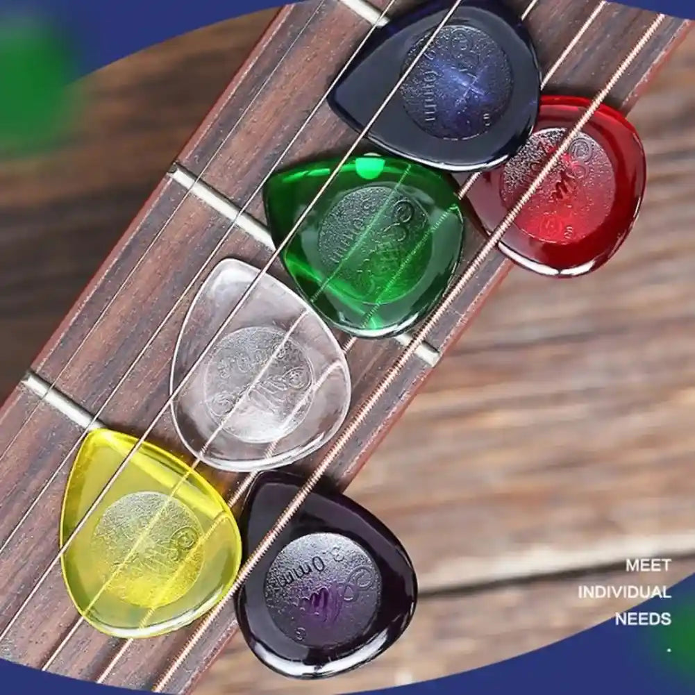 Set of 10 Alice Stubby Guitar Picks in assorted colors including green, yellow, black, red, clear, and purple. Available in 1mm, 2mm, and 3mm thickness for electric, acoustic, bass, and folk guitars.