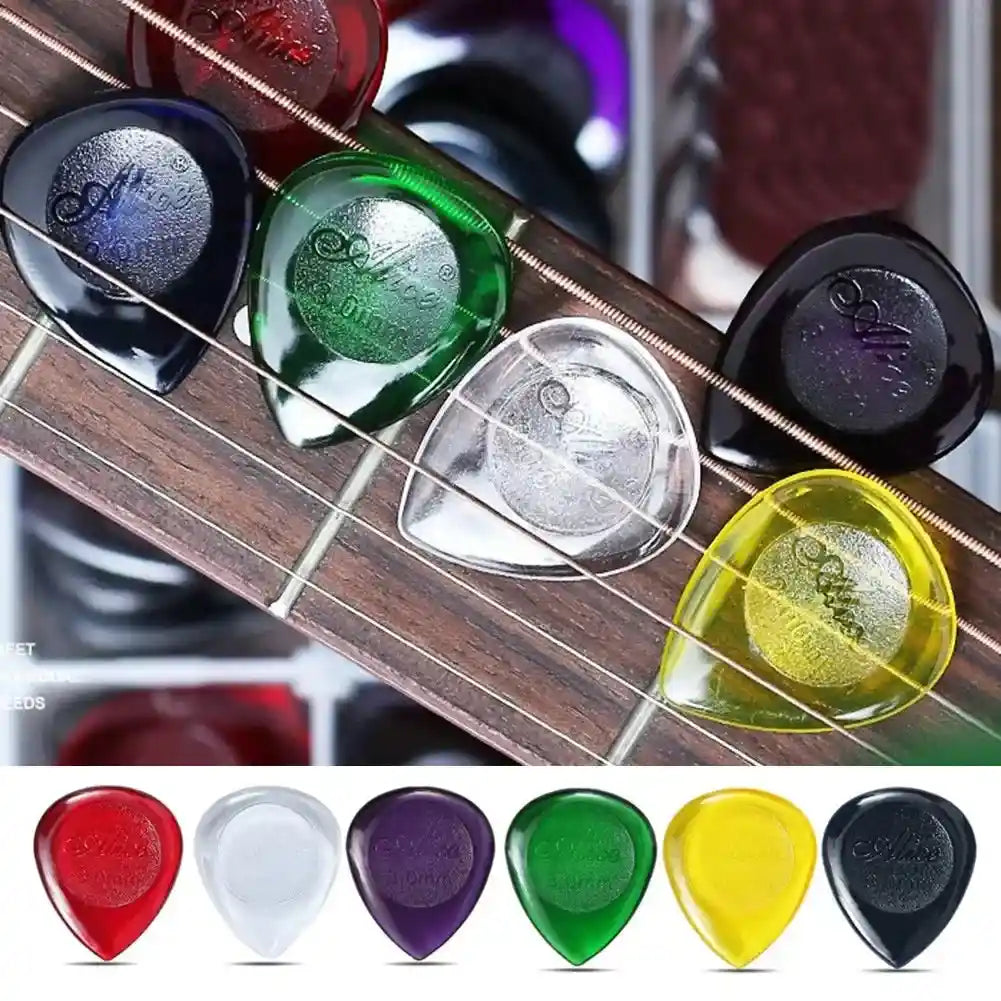 Set of 10 Alice Stubby Guitar Picks in assorted colors including green, yellow, black, red, clear, and purple. Available in 1mm, 2mm, and 3mm thickness for electric, acoustic, bass, and folk guitars.