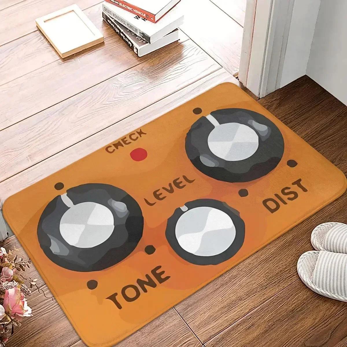 DS-1 Distortion Pedal Rug designed as a guitar doormat, featuring tone, level, and distortion knobs. Perfect home decor for musicians and guitarists.