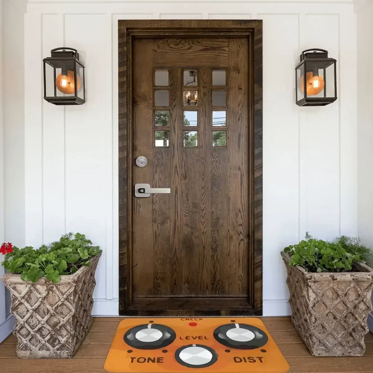 DS-1 Distortion Pedal Rug designed as a guitar effects pedal doormat, placed at the entrance of a home. Perfect for musicians, non-slip, and durable.