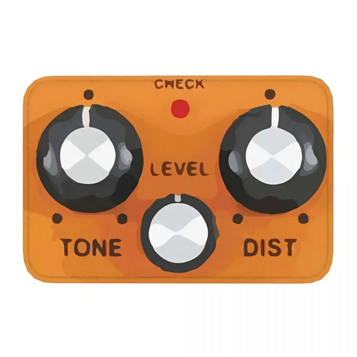 DS-1 Distortion Pedal Rug featuring a guitar effects pedal design with tone, level, and distortion knobs. Perfect doormat or home carpet for musicians.