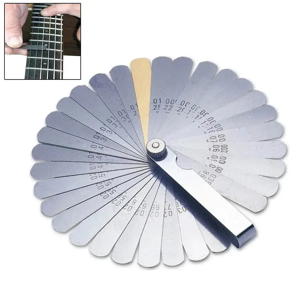 32-blade feeler gauge set for precise guitar neck relief, string height adjustment, and nut slot cutting. Ideal luthier tool for instrument setup.