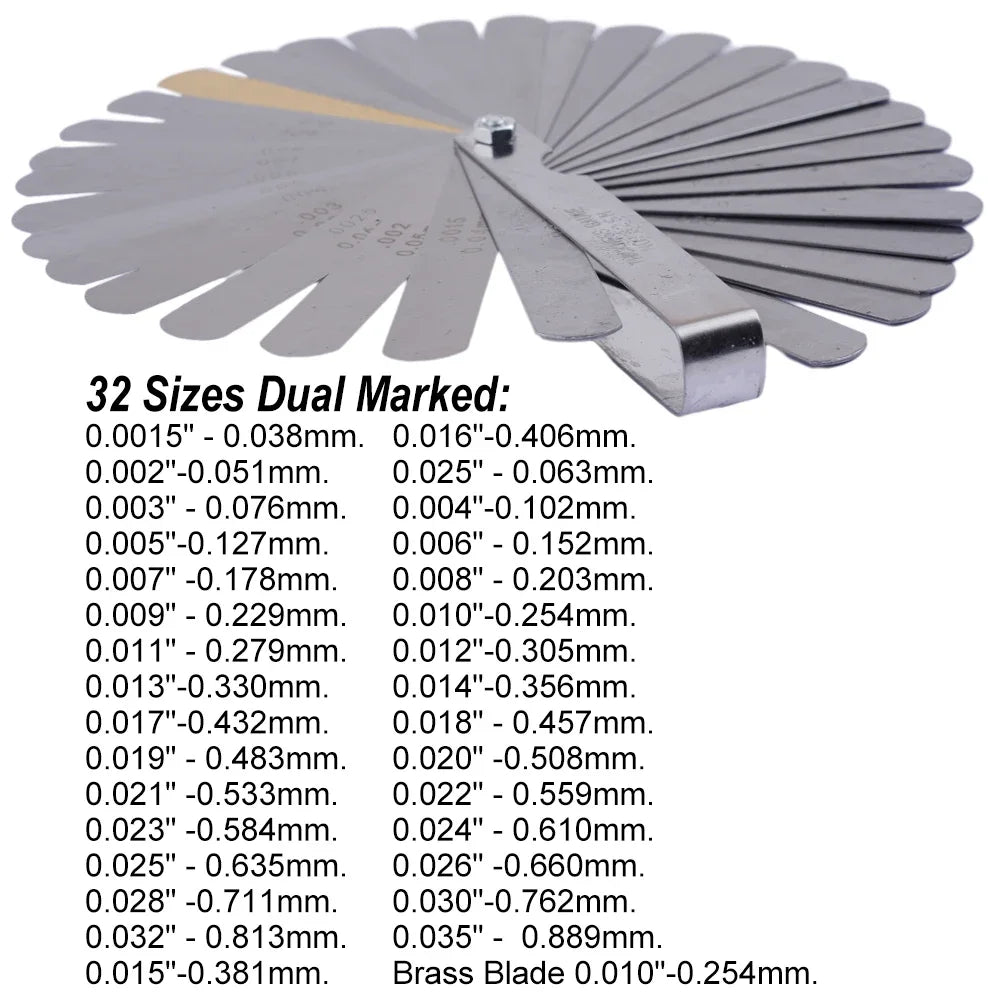 32-blade feeler gauge set for precise guitar neck relief, string height adjustment, and nut slot cutting. Ideal luthier tool for instrument setup.