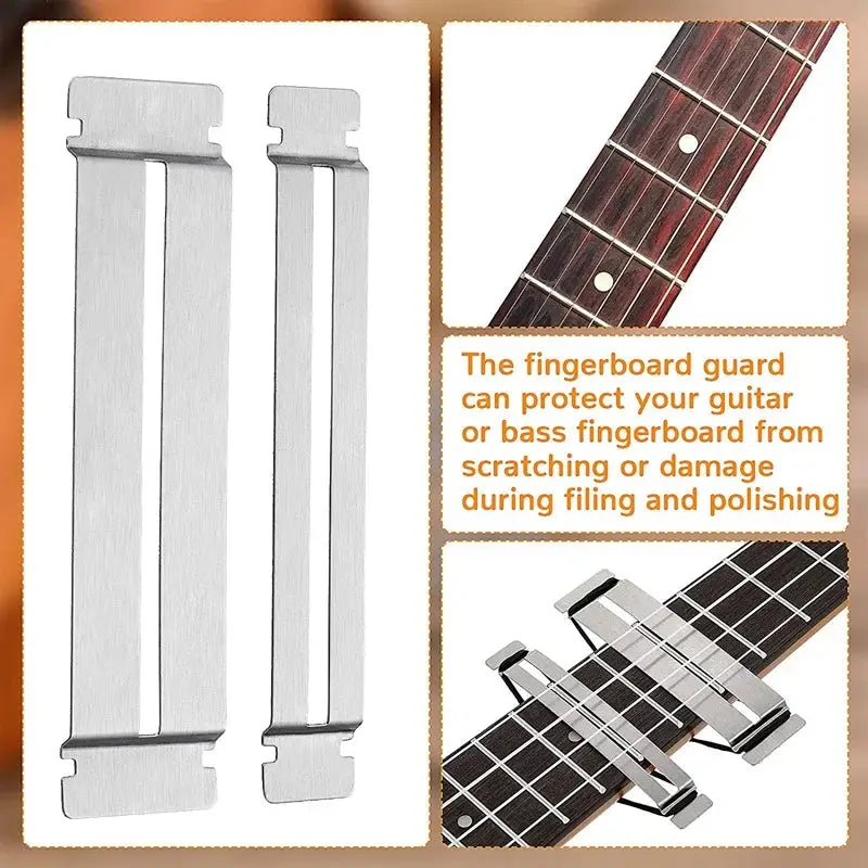 Stainless steel guitar fingerboard guards with rubber bands, ideal for fretboard protection during fret dressing and maintenance.