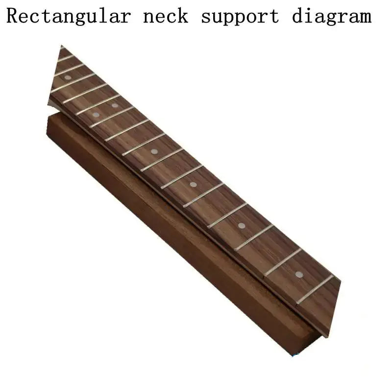 Guitar and Bass Neck Rest made of sapele wood with cork lining, designed for fretwork and maintenance, shown supporting a guitar neck.