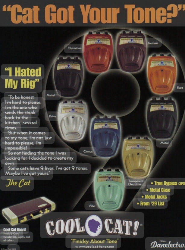 Vintage Danelectro Cool Cat guitar effects pedals advertisement featuring various models like distortion, tremolo, fuzz, and transparent overdrive. The ad highlights true bypass, metal casing, and a '29 list price.