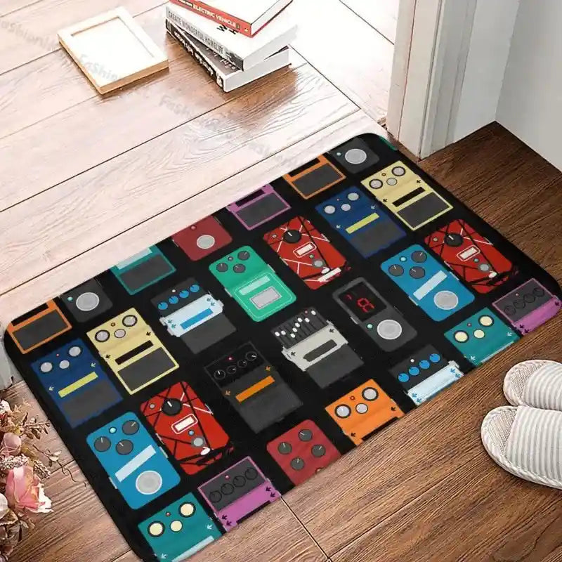 Pedalboard Doormat featuring colorful classic pedal designs on a black background, ideal for musicians. Anti-slip rug for entrances, kitchens, and bedrooms.