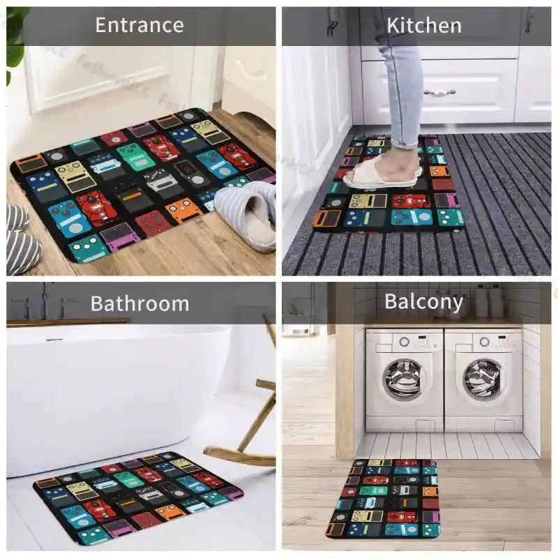 Pedalboard Doormat with colorful pedal designs, placed in an entrance area, ideal for musicians and home decoration.