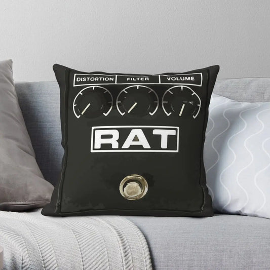 Rat Pedal Pillowcase - 18-inch square cushion cover featuring a printed Pro Co Rat distortion pedal design. Soft polyester linen velvet for home or car decor.