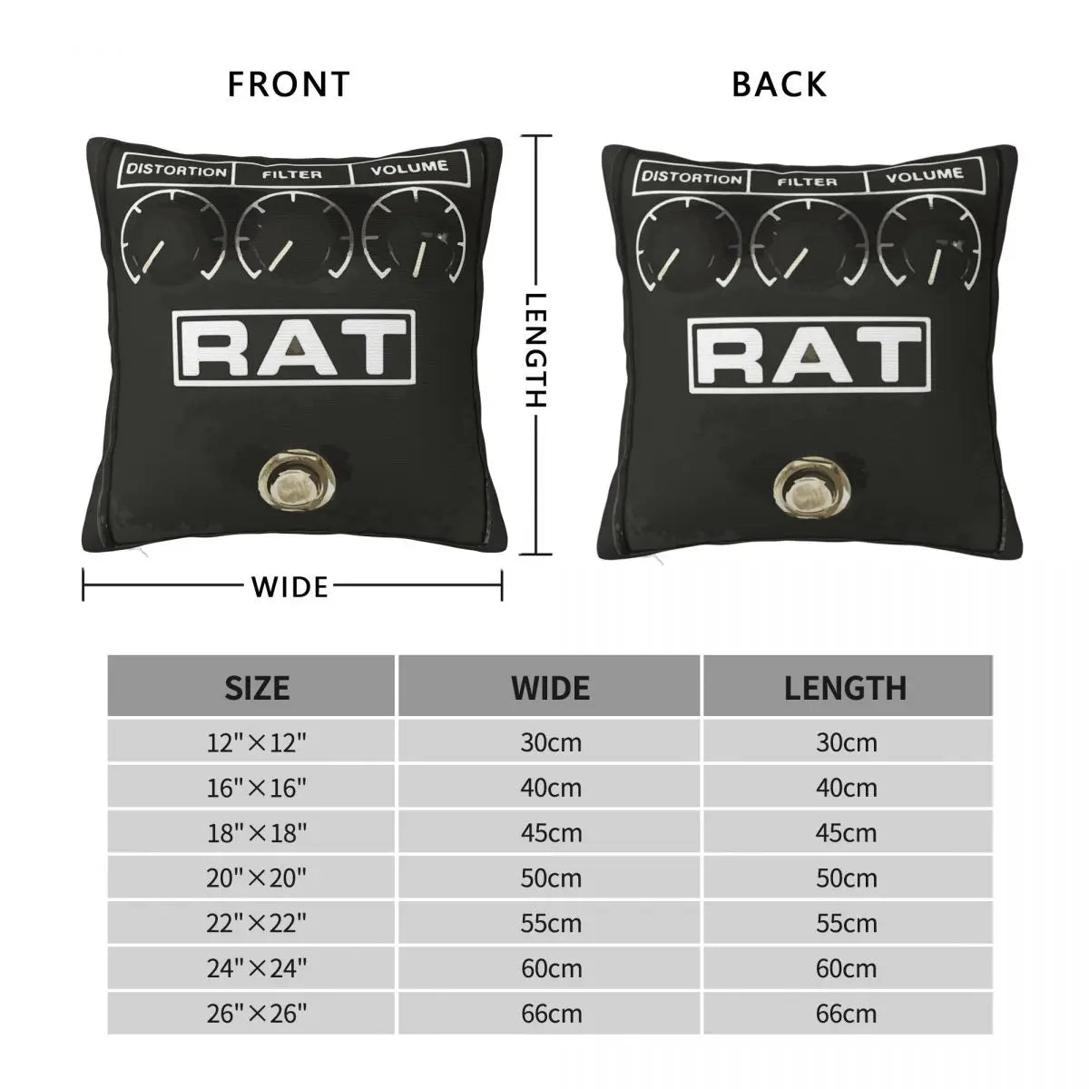 Rat Pedal Pillowcase - 18-inch square cushion cover featuring a printed Pro Co Rat distortion pedal design. Made of polyester linen velvet, perfect for music lovers' home or car decor.