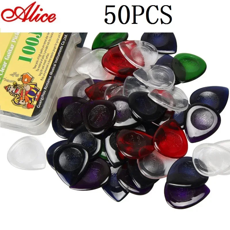 50Pcs Alice Stubby Guitar Picks in assorted colors with a durable, ergonomic design for enhanced grip and precision. Ideal for electric and jazz guitarists.